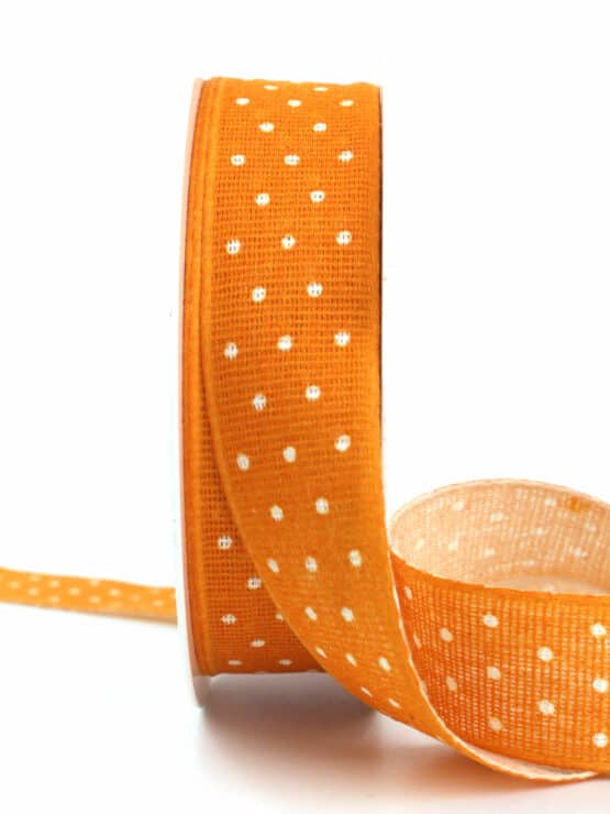 Baumwollband mit Punkten, orange, 25 mm breit - geschenkband, baender-aus-baumwolle, geschenkband-gemustert, biologisch-abbaubar, kompostierbare-geschenkbaender, eco-baender, geschenkband-mit-punkten