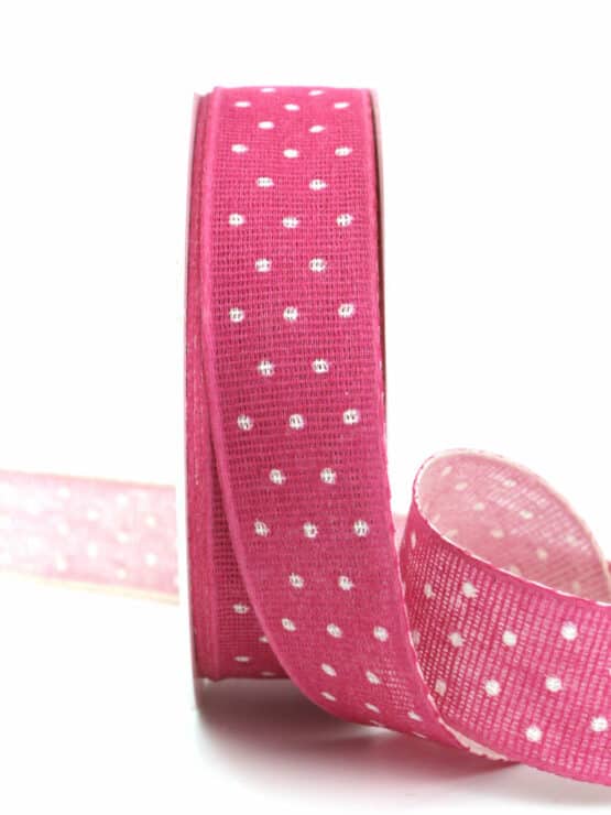 Baumwollband mit Punkten, pink, 25 mm breit - biologisch-abbaubar, kompostierbare-geschenkbaender, eco-baender, geschenkband-mit-punkten, geschenkband, baender-aus-baumwolle, geschenkband-gemustert