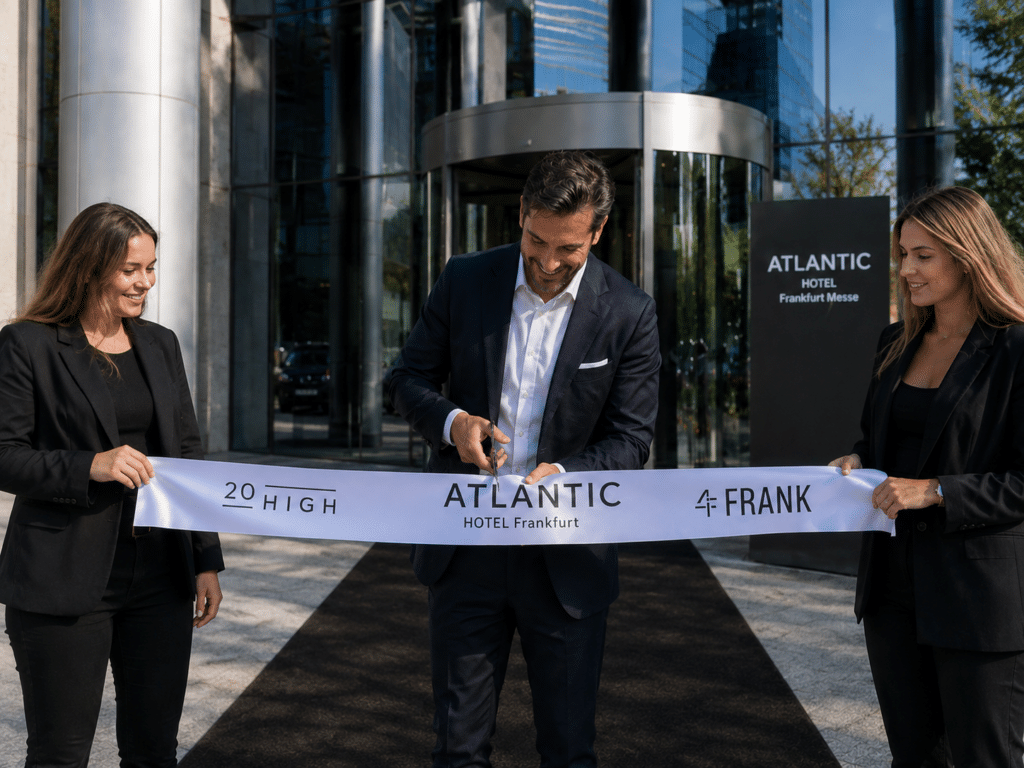 Ein Schnitt, der einen Anfang sichtbar macht: Er&ouml;ffnungsband mit Logo beim ATLANTIC Hotel Frankfurt - eroeffnungsband