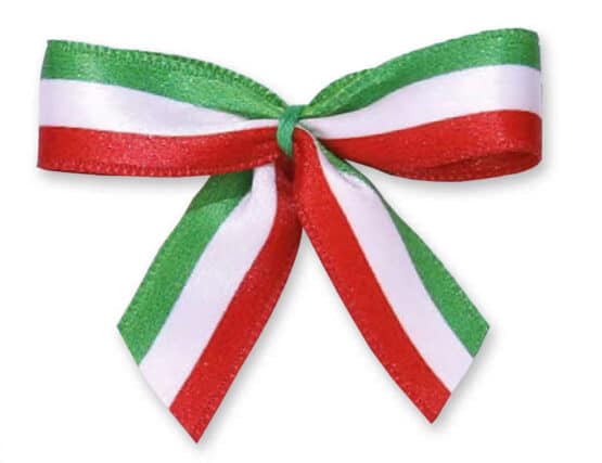 Fertigschleife aus 15 mm Satinband, Italien, mit Klebepunkt - geschenkverpackung, nationalband, fertigschleifen, nationalband-schleifen