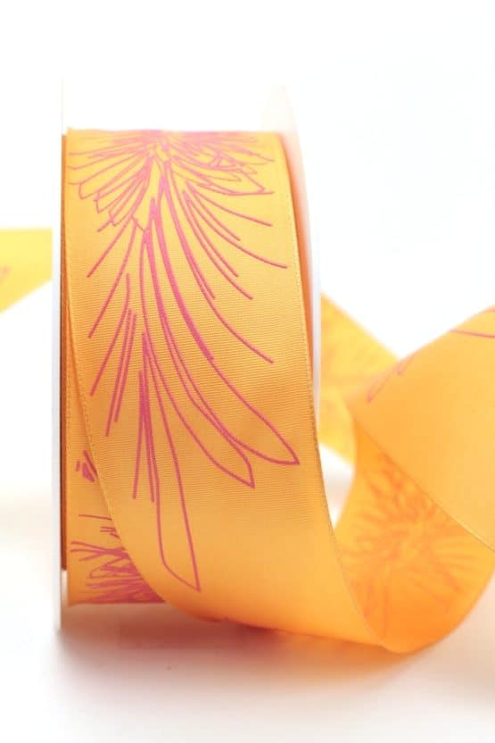 Florales Geschenkband, orange, 40 mm breit - geschenkband-gemustert, 20-rabatt, sonderangebot, dekoband-mit-drahtkante