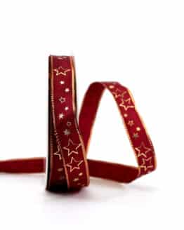 Geschenkband bordeaux / goldene Sterne, 15 mm breit - geschenkband-weihnachten-gemustert, geschenkband-weihnachten