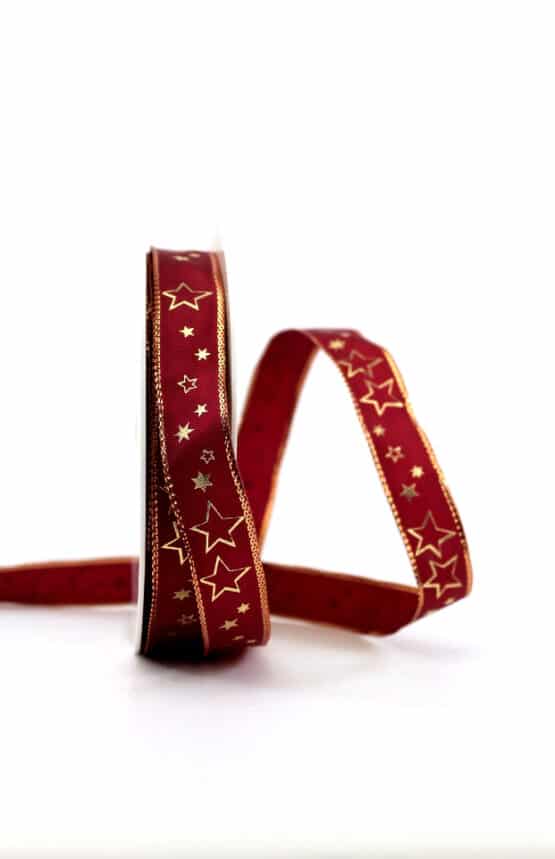 Geschenkband bordeaux / goldene Sterne, 15 mm breit - geschenkband-weihnachten, geschenkband-weihnachten-gemustert