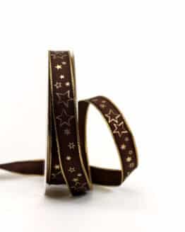Geschenkband braun / goldene Sterne, 15 mm breit - geschenkband-weihnachten-gemustert, geschenkband-weihnachten