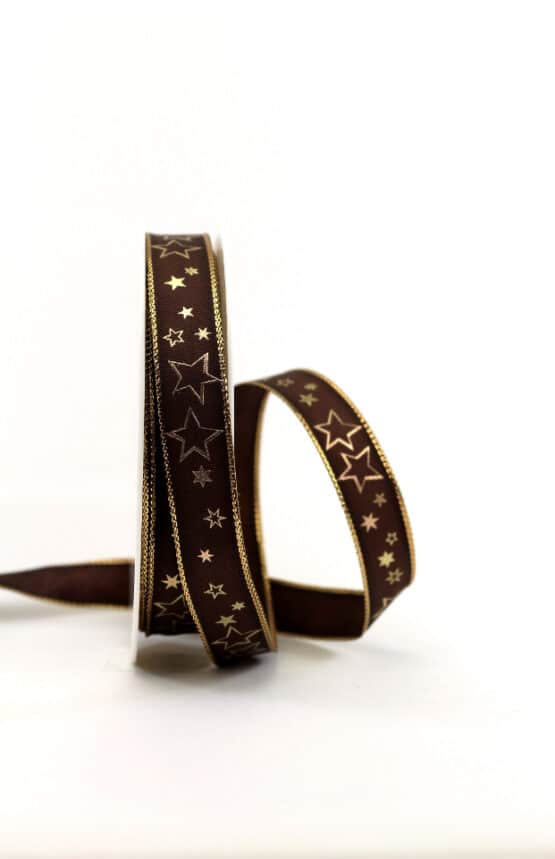 Geschenkband braun / goldene Sterne, 15 mm breit - geschenkband-weihnachten-gemustert, geschenkband-weihnachten