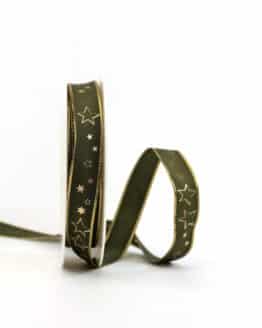 Geschenkband olivgrün / goldene Sterne, 15 mm breit - geschenkband-weihnachten-gemustert, geschenkband-weihnachten