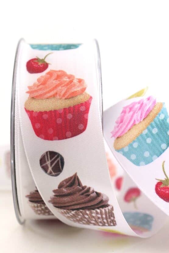 Geschenkband Cupcakes, 40 mm - geschenkband-gemustert, geschenkband-fuer-anlaesse, essen-trinken, anlasse