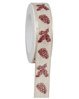 Leinenband Herbst und Weihnachten 25 mm creme-tannengrün mit Zweigen und Zapfen-Motiv - 18 m Rolle