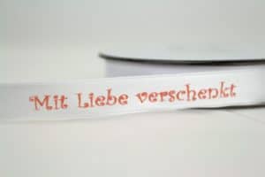 Geschenkband Mit Liebe verschenken - 15mm rot-weiss -