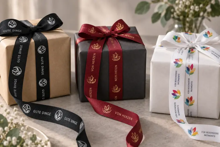Drei Geschenkboxen mit unterschiedlich personalisierten Firmenbändern in Schwarz, Bordeaux und Weiß.