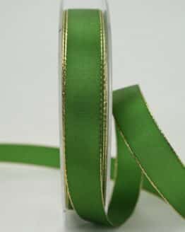 Geschenkband grün mit Goldkante, 15 mm breit - geschenkband-weihnachten, taftband, sonderangebot