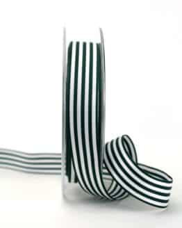 Schmales Taftband mit Streifen dunkelgrün-weiß, 15 mm breit - geschenkband-gemustert, dekoband