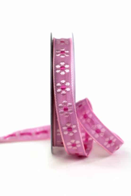 Hochwertiges Dekoband mit gewebten Blüten, rosa, 15 mm breit - geschenkband, geschenkband-gemustert, dekoband