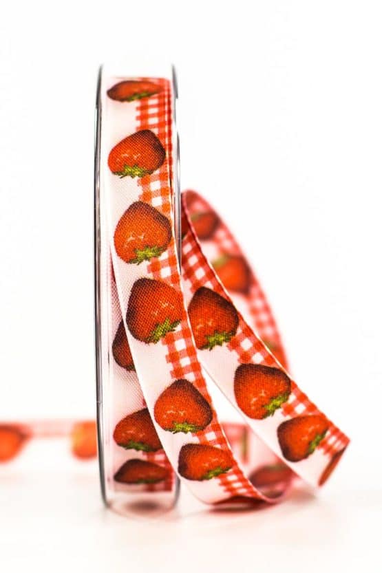 Schleifenband Erdbeeren, 15 mm breit - geschenkband, geschenkband-gemustert
