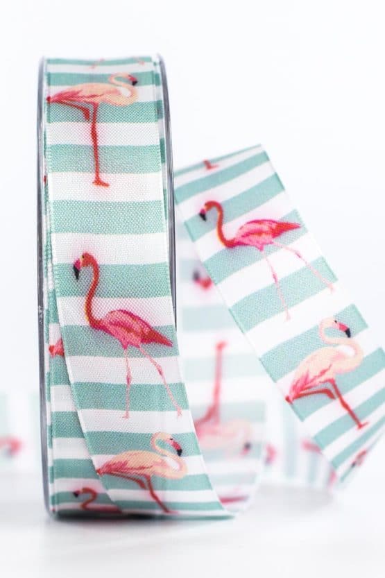 Dekoband Flamingos, türkis, 25 mm breit - geschenkband-gemustert, geschenkband
