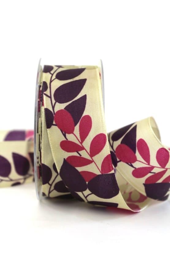 Geschenkband Blätter, lila, 40 mm breit - geschenkband-gemustert