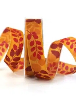 Geschenkband Blätter, orange, 25 mm breit - geschenkband-gemustert
