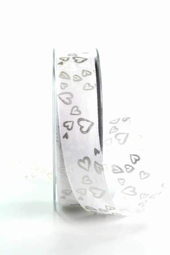 Satinband mit Herzen, weiß-silber, 25 mm breit - geschenkband-mit-herzen, geschenkband-fuer-anlaesse, muttertag, anlasse, organzaband, valentinstag, geschenkband, geschenkband-gemustert, organzaband-gemustert