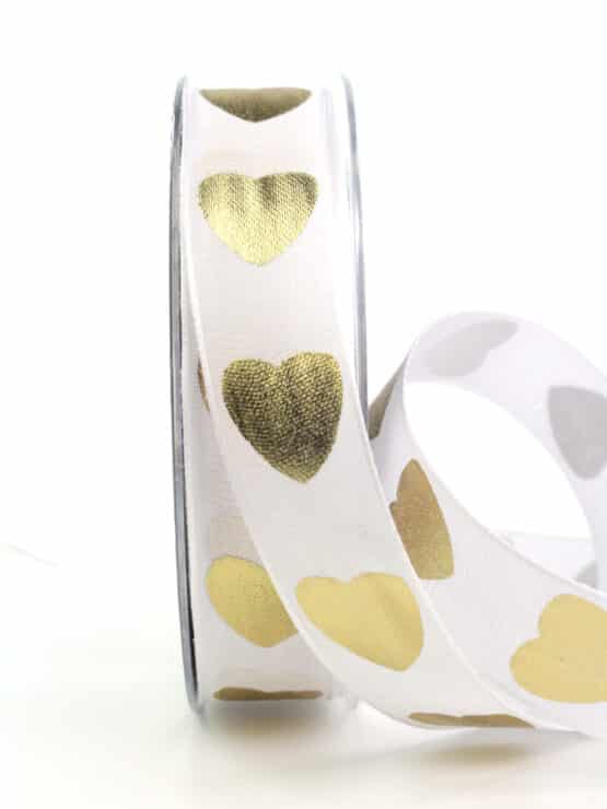 Geschenkband mit goldenen Herzen, 25 mm breit - hochzeit, geschenkband, geschenkband-mit-herzen, geschenkband-fuer-anlaesse, anlasse