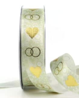 Geschenkband m. Goldenen Herzen+Ringen, grün, 25 mm breit - hochzeit, geschenkband, geschenkband-mit-herzen, geschenkband-fuer-anlaesse, anlasse