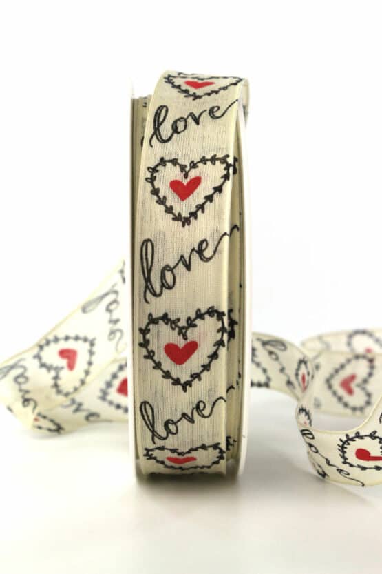 Geschenkband "Love" mit Herzen, 25 mm breit - valentinstag, geschenkband, geschenkband-gemustert, geschenkband-mit-herzen, geschenkband-fuer-anlaesse, anlasse