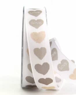 Geschenkband mit Herzen, weiß, 25 mm breit - geschenkband, geschenkband-mit-herzen