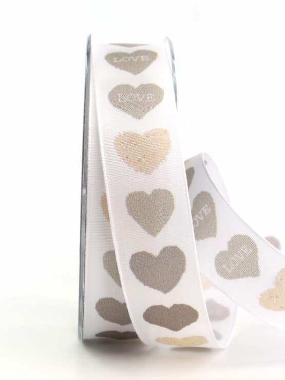 Geschenkband mit Herzen, weiß, 25 mm breit - geschenkband, geschenkband-mit-herzen