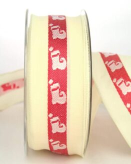 Geschenkband für Weihnachten, creme-rot-weiß mit Nikolausstiefel, 40 mm breit