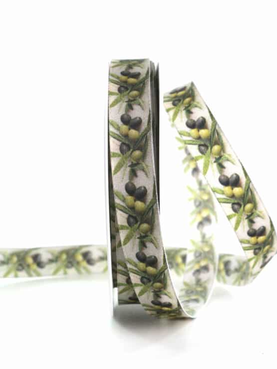 Dekoband Oliven, 15 mm breit - dekoband, geschenkband, geschenkband-gemustert