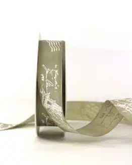 Taftband mit Poststempel aus Paris, taupe, 25 mm breit - geschenkband-gemustert