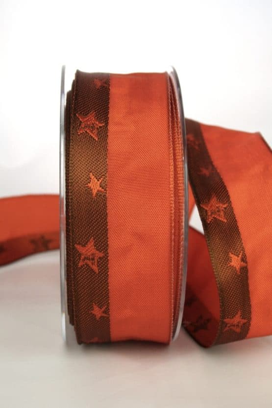 Exklusives Geschenkband für Weihnachten, terra/braun mit Sternen, 40 mm breit - sonderangebot, geschenkband-weihnachten