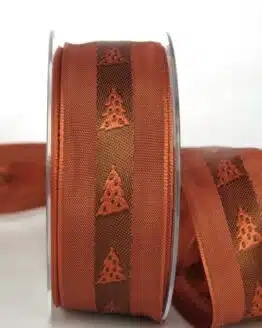 Ausgefallenes Geschenkband für Weihnachten, terra/braun mit Tannenbäumen, 40 mm breit - sonderangebot, geschenkband-weihnachten