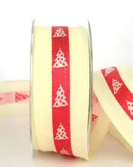 Ausgefallenes Geschenkband für Weihnachten, creme/rot/weiß mit Tannenbäumen, 40 mm breit