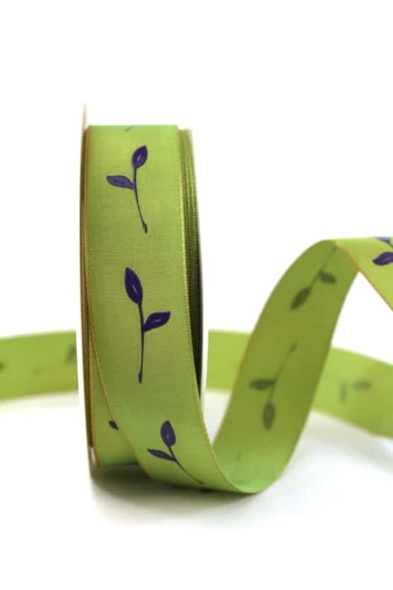 Geschenkband Zweig, grün, 25 mm breit - geschenkband-gemustert