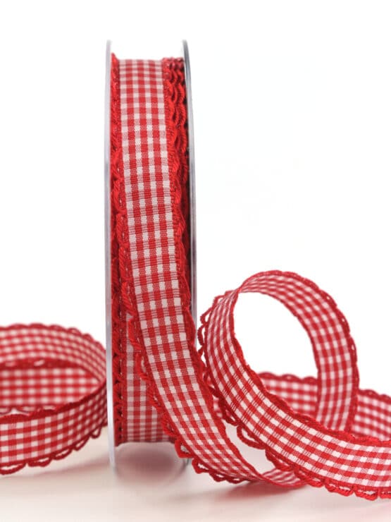 Karoband m. Rüschen, rot, 15 mm breit - geschenkband, geschenkband-kariert, karoband
