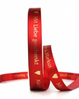 Geschenkband "Mit Liebe geschenkt" + Ihr Name, rot/gold, 15 mm breit
