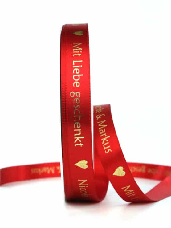 Geschenkband "Mit Liebe geschenkt" + Ihr Name, rot/gold, 15 mm breit - geschenkband-fuer-anlaesse, geschenkband-weihnachten, weihnachtsband-2, personalisierte-baender, weihnachtsbaender