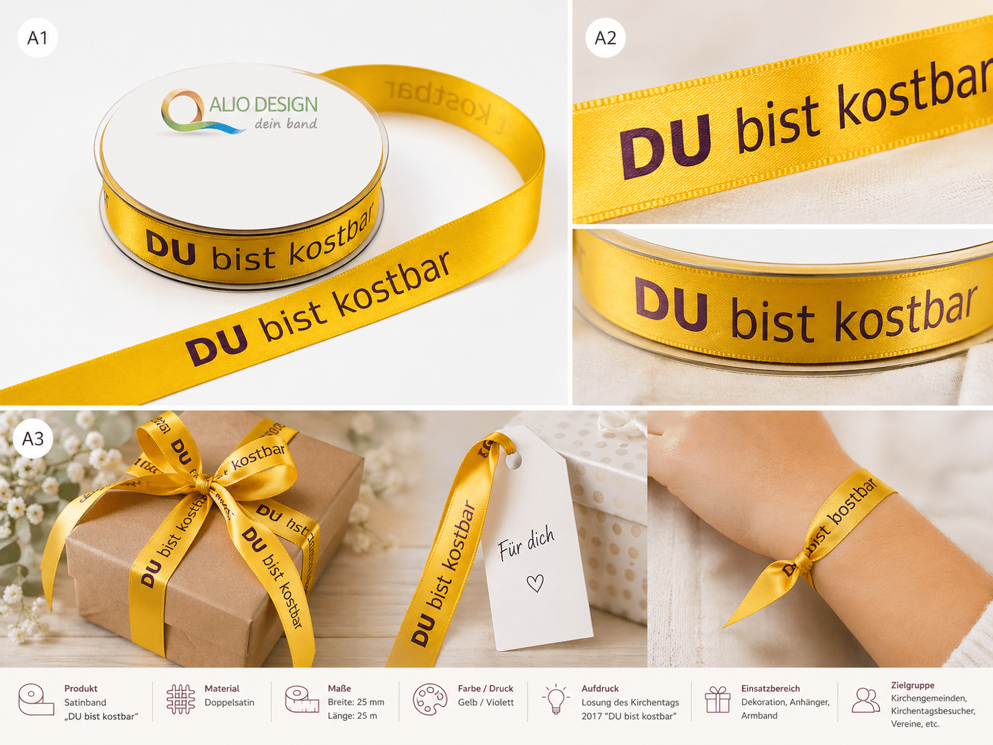 Satinband mit Aufdruck „DU bist kostbar“ 25 mm – 25 m Rolle Gelb/Violett - geschenkband-fuer-anlaesse, dauersortiment, kommunion-konfirmation, kirche