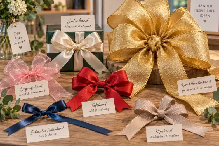 Verschiedene Schleifen aus Geschenkband für Geschenkverpackung und Dekoration.