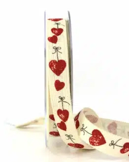 Leinenband mit roten Herzen, 15 mm breit - geschenkband, geschenkband-gemustert, geschenkband-mit-herzen, geschenkband-fuer-anlaesse, anlasse, valentinstag