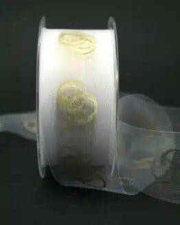 Organzaband mit goldenen Ringen, weiß, 40 mm breit - hochzeit, organzaband, geschenkband-fuer-anlaesse, schnittkante, anlasse