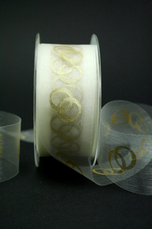 Organzaband mit goldenen Ringen, creme, 40 mm breit - schnittkante, hochzeit, organzaband, geschenkband-fuer-anlaesse, anlasse
