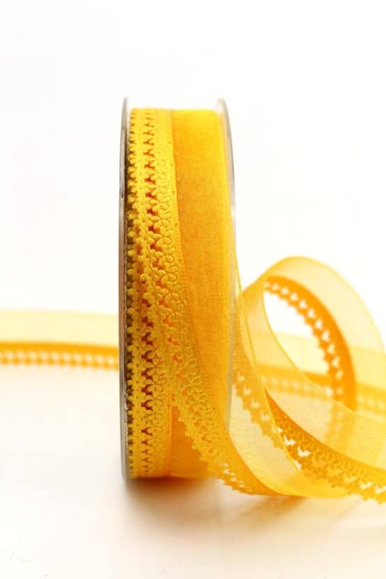Organzaband gelb, 25 mm, mit Designkante - organzaband-gemustert