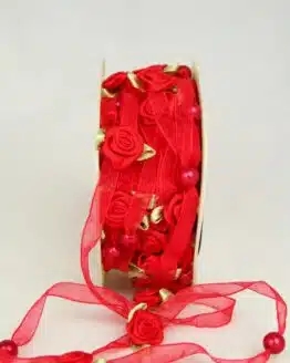 Organzaband mit Satin-Rosenblüten, rot, 6 mm - sonderangebot, organzaband
