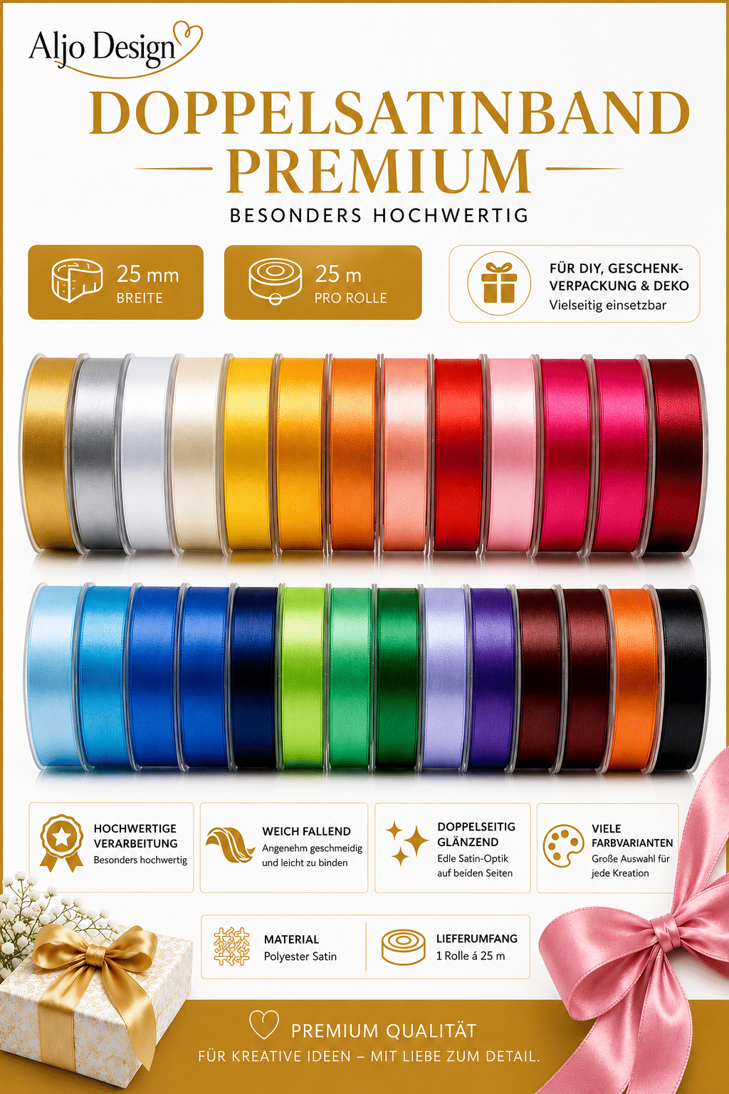 Premiumsatin 25mm 25m Rolle viele Farben Premiumsatin 25mm 25m Rolle viele Farben