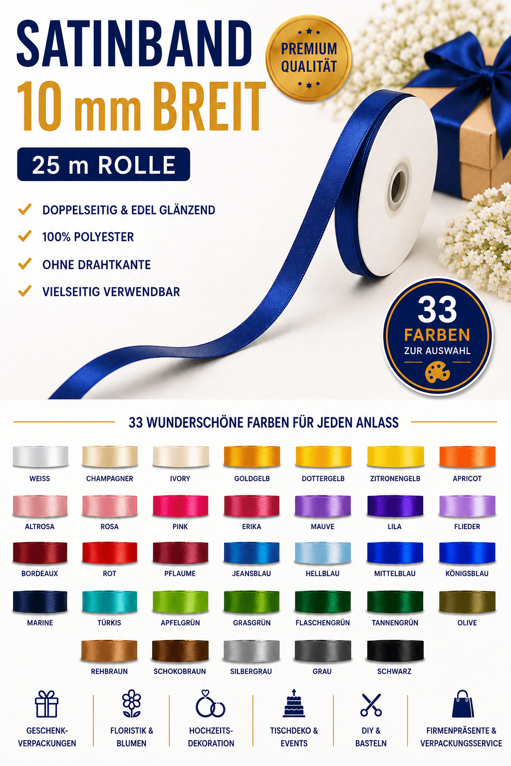Satinband 10mm 25m Rolle viele Farben Satinband 10mm 25m Rolle viele Farben