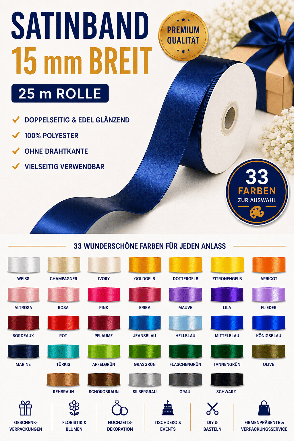 Satinband 15 mm breit viele Farben Satinband 15 mm breit, 25 m Rolle, viele Farben