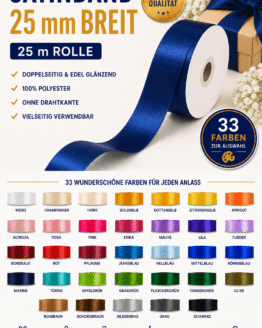 Satinband 25 mm breit, 25 m Rolle, viele Farben
