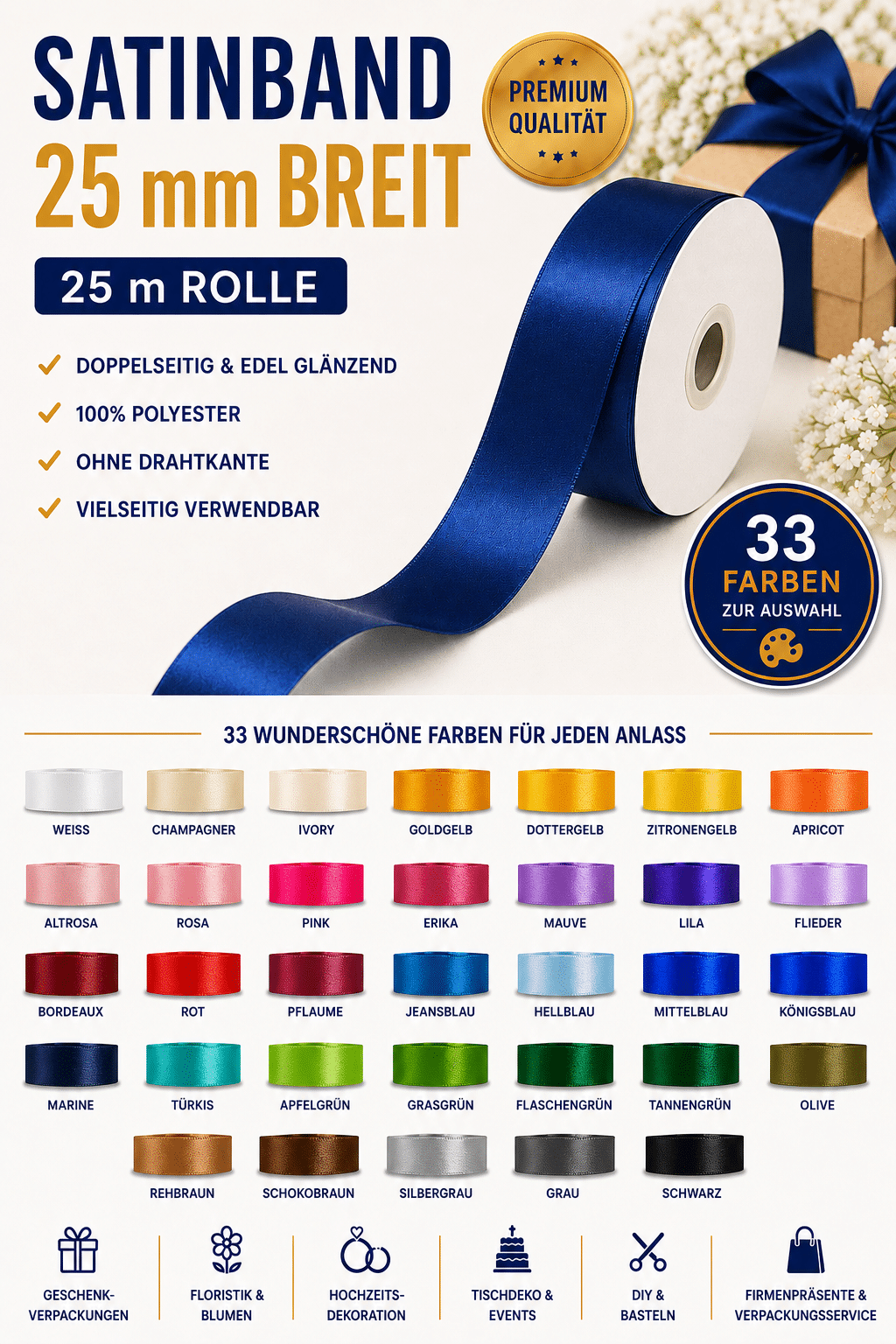 Satinband 25mm Übersicht alle Farben Satinband 25 mm breit, 25 m Rolle, viele Farben