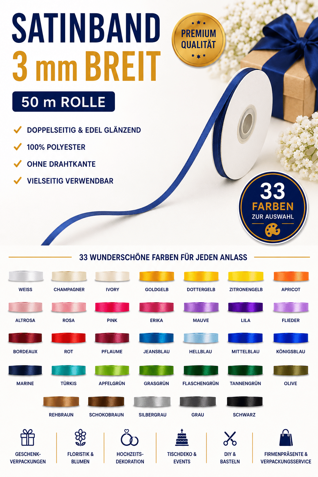 Satinband 3mm viele Farben Übersicht Satinband 3 mm breit, 50 m Rolle, in vielen Farben